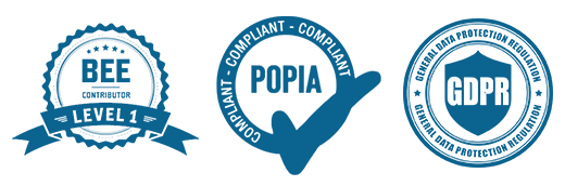BEE Level 1 Contributor, POPIA Compliant, GDPR Compliant