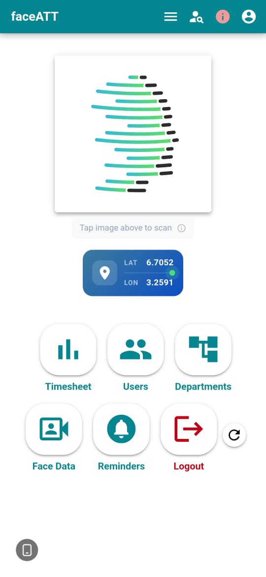 faceATT app showing face scan, timesheet, users, and departments